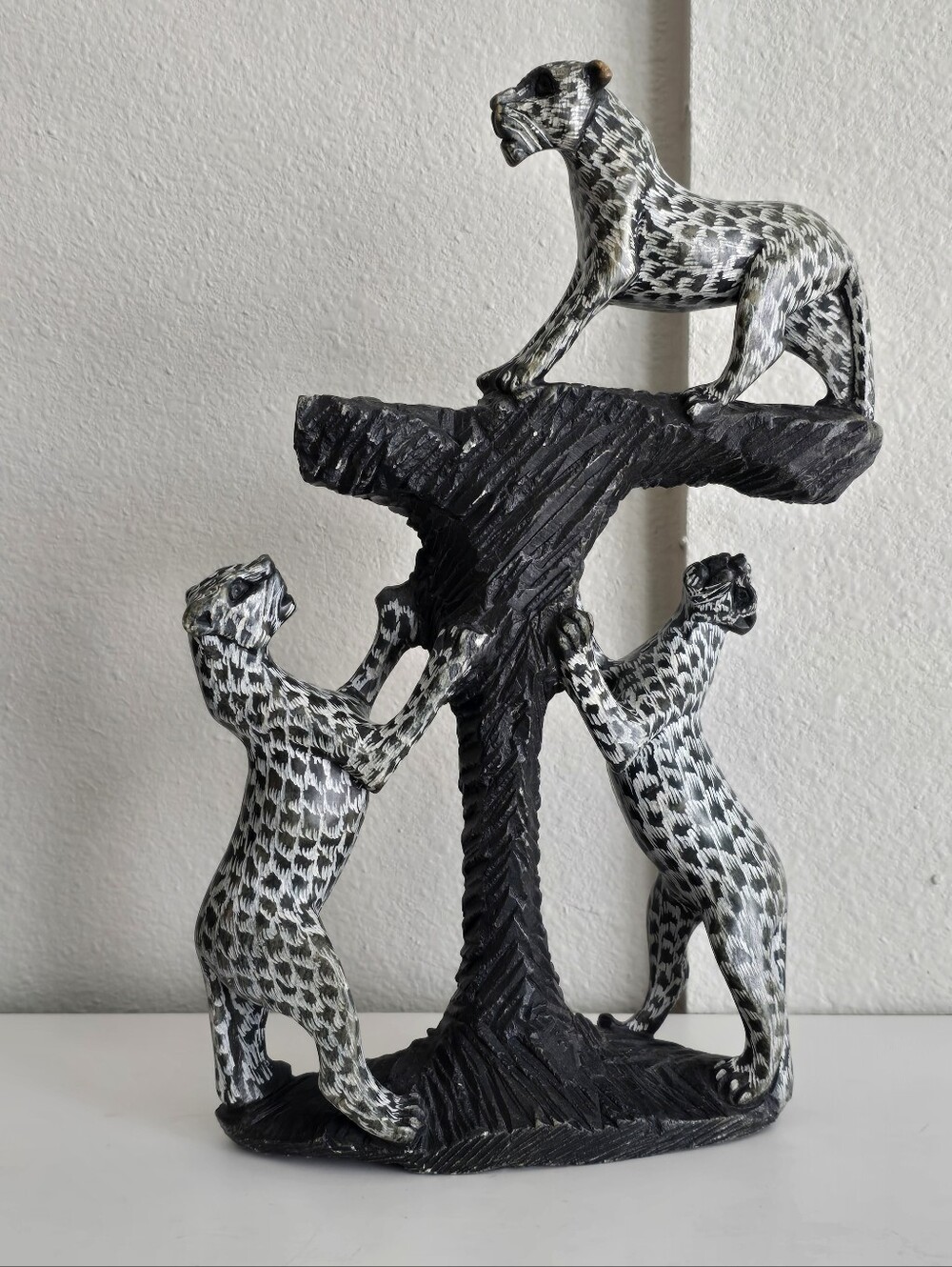 3 Leopards Climbing Sculpture African Art